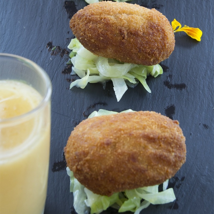Stew Croquettes with Stew Broth and sautéed Cabbage