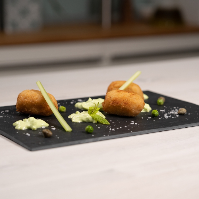 Hake and Shrimp Croquettes with Cream of Peas and Celery Cream