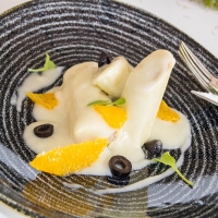 XXL Codfish Cannelloni with Bechamel sauce, Orange and Black Olives